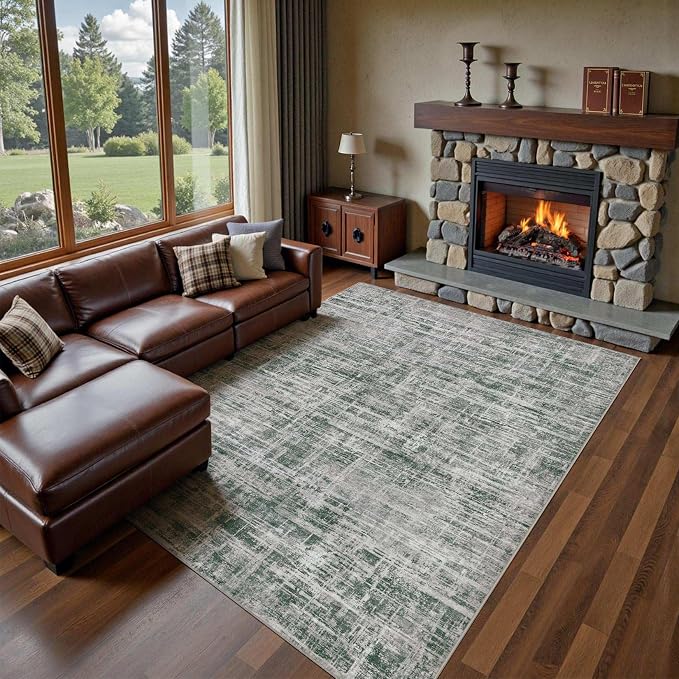UERMEI 10x12 Area Rug for Living Room Washable Abstract Grey/Green Carpet | Low Pile Non-Slip Soft Neutral Modern Kid Pet Friendly Large Rugs For Bedroom Dining Room Nursery Office Indoor Decor