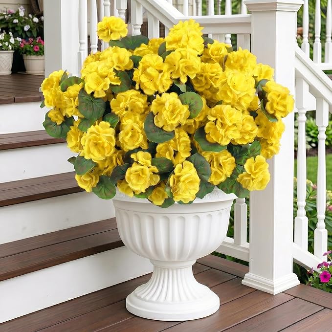 24 Pcs Artificial Geranium Flowers for Outdoor, UV Resistant Geraniums Artificial Flowers Realistic Faux Flowers Outdoor for Planters Outside Porch Garden Decor (15.3",Yellow)