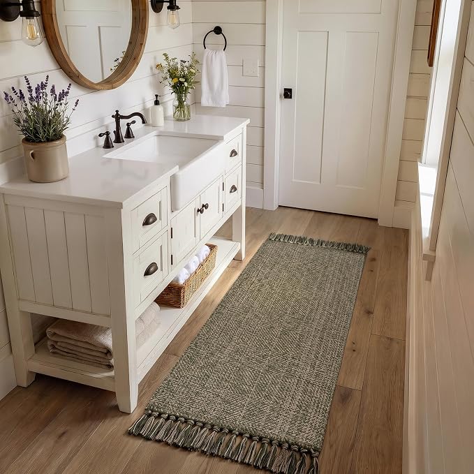 Moss Green Bathroom Runner Rug, 2' x 5' Boho Kitchen Mats | Hand-Woven Entryway Rug Runners for Hallway, Modern Farmhouse Washable Laundry Carpet Indoor Front Door Mat for Bedroom Decor