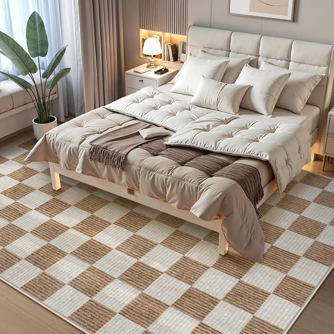 LIVEBOX 8x10 Area Rugs for Living Room, Checkered Non-Slip Washable Rugs, Farmhouse Neutral Classic Geometric Pattern Large Boys Area Rug for Bedroom, Carpet for Dining Room Office(Brown,8'x10')