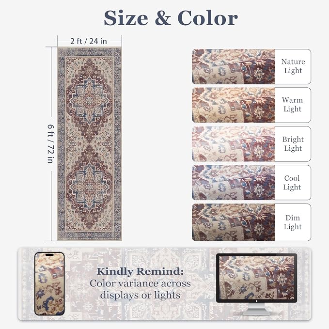 Maroon Blue 2x6 Hallway Runner Rug, Carpet Runners 6ft for Kitchen Non Slip Washable, Modern Vintage Floor Runner for Entryway Foyer, Medallion Rug Runner for Bathroom Bedroom Laundry Room