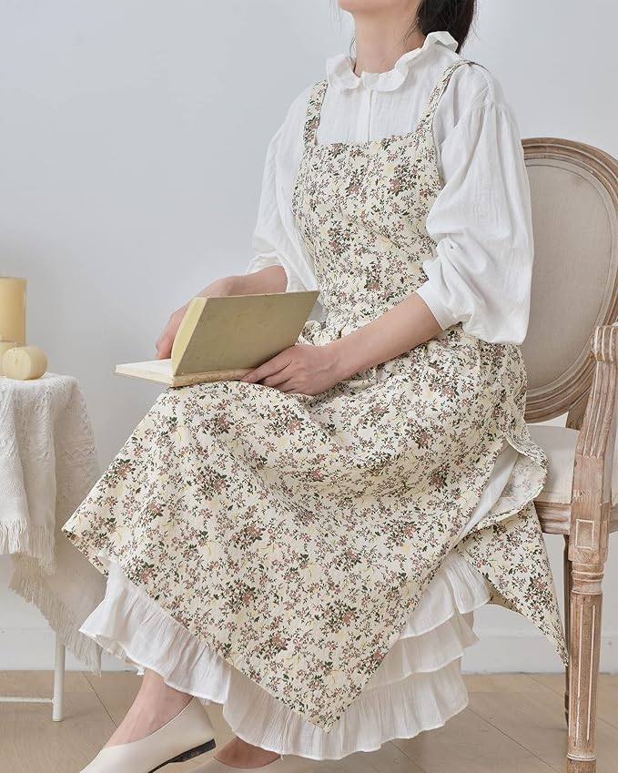 Japanese Cotton Linen Cross Back Apron with Pockets,Fashion Pinafore Dress for Gardening Painting Cleaning Cooking