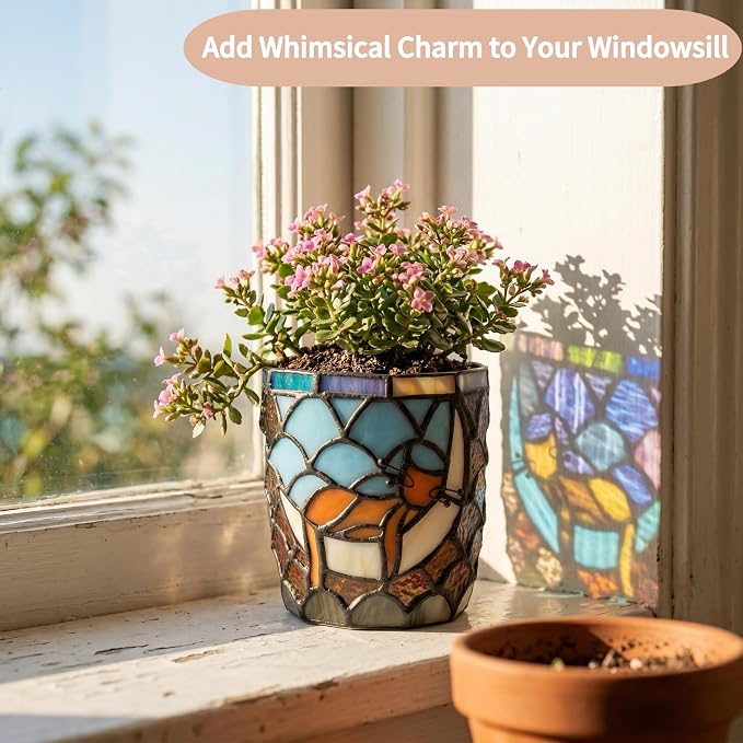 Stained Glass Hanging Cat Planter Pot, Orange Sleeping Cat Small Hanging Plant Pots Indoor, Blue Moon Flower Pot Plant Gifts