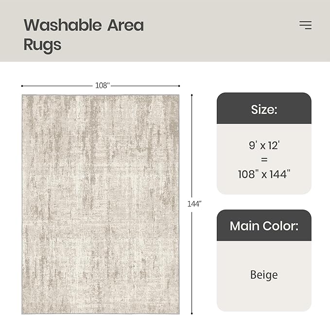 Valenrug 9x12 Area Rug, Large Abstract Washable Rugs for Living Room Beige | Soft & Lighweight, Folable, Stain Resistant Low Pile Thin Indoor Distressed Carpet Rugs for Bedroom,Laundry Room,Kitchen