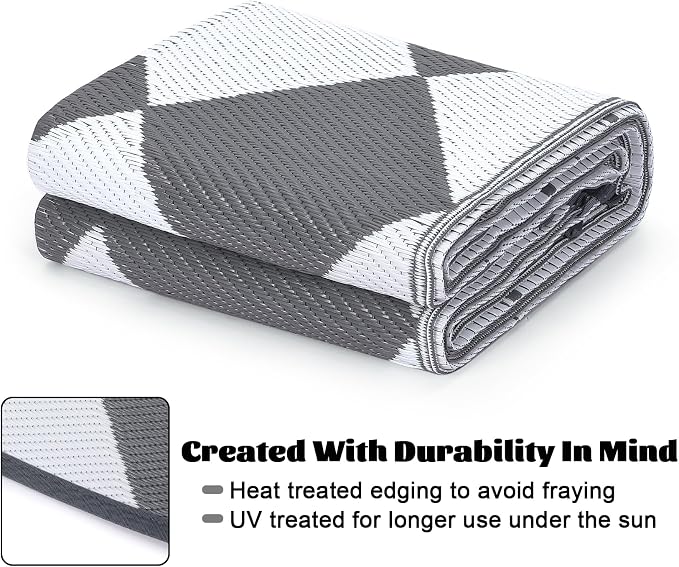 Garvee Outdoor Rug 9x18 Outdoor Patio Rug Waterproof Foldable Mat Reversible Plastic Straw Rugs Easy Clean Lightweight Carpet for Balcony Deck Picnic Backyard Camping Porch RV Beach Checkered Grey