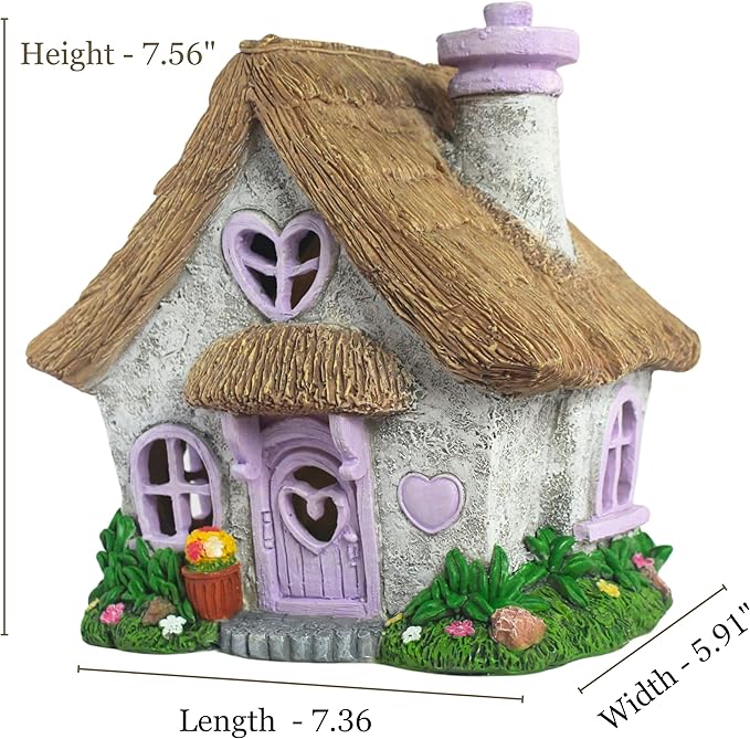 PRETMANNS Fairy House for Outside with Solar Powered LED Lights for Garden - Fairy Garden Houses for Outdoor - Miniature Accessories for Cottage Decor for Village - 7.56” High, Lavender