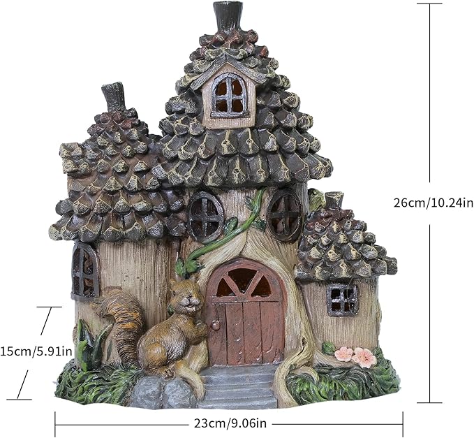 Solar Garden Squirrel's House Fairy Outdoor Statues Yard Resin Decoration Gift Handmade Housewarming Gift for Patio Yard Lawn Waterproof Cracking