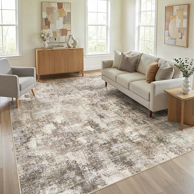 8x10 Area Rug Washable Abstract Rugs for Living Room Dark Brown | for Bedroom, Dining Room, Office, Nursery, Soft Neutral, Low Pile Non-Slip, Kid Pet Friendly, Large Indoor Carpet, Home Decor