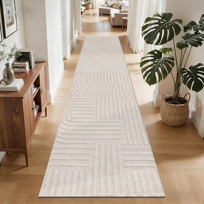 SHACOS Soft Cozy Fluffy Arch Pattern High-Low Pile Runner Rugs 2'x8' Non Slip Washable Scandinavian Minimalist Rug Runner Modern Geometric Carpet for Living Room Bedroom Bathroom Hallway, Beige