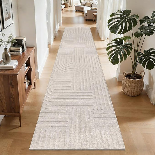 SHACOS Soft Cozy Fluffy Arch Pattern High-Low Pile Runner Rugs 2'x8' Non Slip Washable Scandinavian Minimalist Rug Runner Modern Geometric Carpet for Living Room Bedroom Bathroom Hallway, Beige