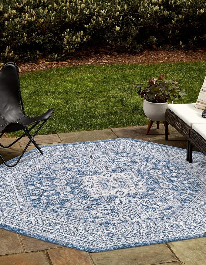 Unique Loom Outdoor Aztec Collection Area Rug - Chalca (5' 3" Octagon, Blue/ Ivory)