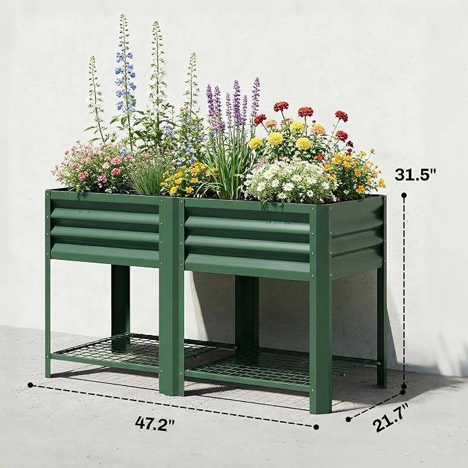 Outsunny Galvanized Steel Raised Garden Bed with Storage Shelf and Bed Liner, Elevated Planter Box with Legs for Flowers, Vegetables, and Herbs, for Outdoor Patio Yard, Glove Included, Green
