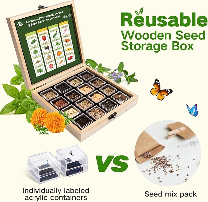 Lush&Dew Pet-Friendly Heirloom Seed Bank, Gardening Gifts for Women Men, 16 Varieties 15,000+ Non-GMO Seeds for Planting Herbs Flowers Vegetables in Raised Bed Windowsill, Annuals & Perennials