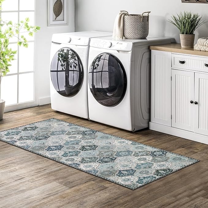 Lahome Moroccan Kitchen Runner Rug, 2x5 Washable Hallway Runner Non Slip | Trellis Non Slip Rubber Backing Ultra-Thin Vintage Carpet for Entryway Bedroom Bathroom Elise, Blue