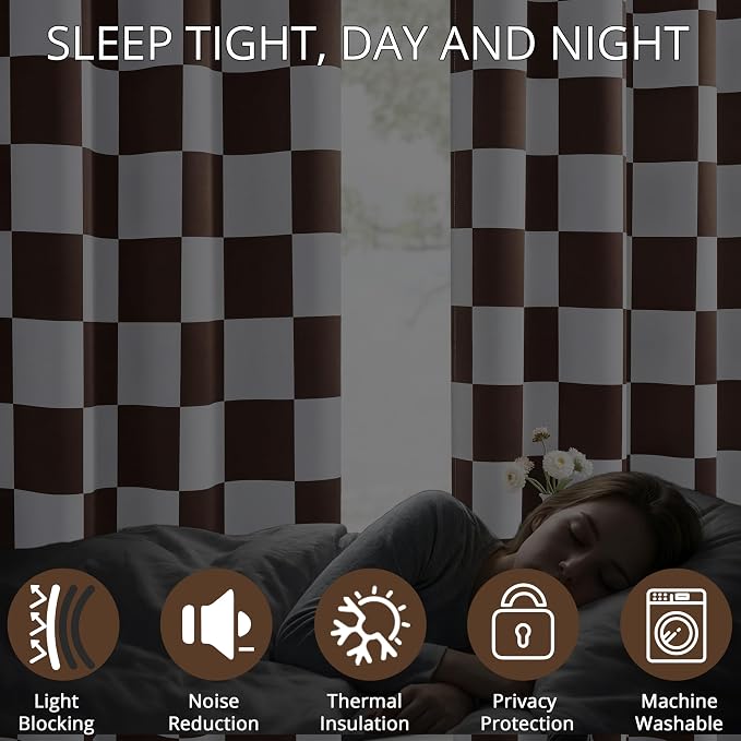100% Blackout Checkered Curtains – 2 Panels, Each W52×L63, Thermal Insulated, Nosie Reducing for Bedroom, Modern Brown and White Checkerboard Design