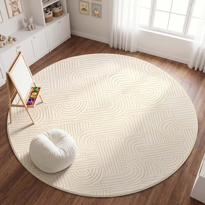 Etwel 8 ft Beige Modern Geometric Textured High-Low Pile Washable Round Rug | Soft Carpet, Non-Slip PVC Backing, Low Profile, Kid and Pet Friendly, for Living Room, Bedroom, Dining Room, Nursery