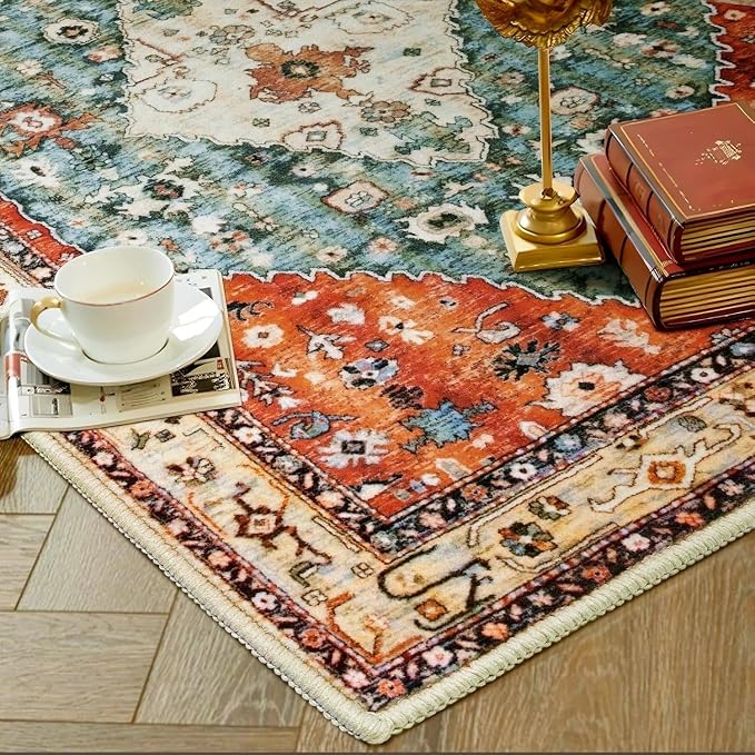 SERISSA 3x5 Washable Non Slip Boho Area Rug for Bedroom | Ultra Soft Vintage Oriental Carpet Low-Pile Distressed Tribal Throw Rug Carpet for Living Room Nursery Kitchen Dorm Decor