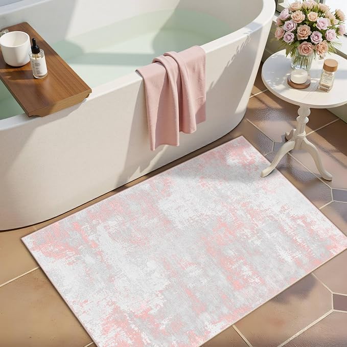 Latte&Fog Washable Entryway 2x3 Pink Area Rug Modern Abstract Kitchen Rug | Low Pile Non Slip Soft Throw Rug Doormat for Entrance Bathroom Laundry Bedroom Nursery Playroom Hallyway Dorm Decor Office