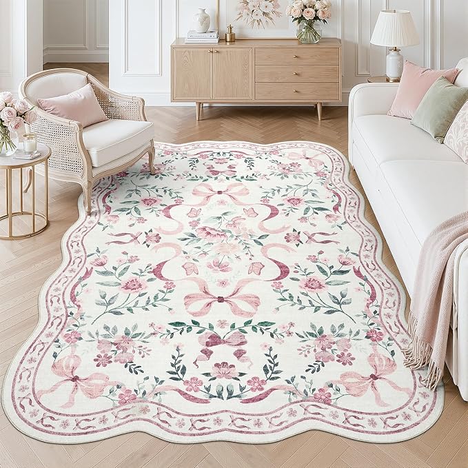 DCX Scalloped Washable 4x6 Bow Rug, Pink Floral Rug for Girls’ Bedroom, Cute Soft Low Pile Indoor Décor Carpet, Kid & Pet Friendly Nursery Rug for Living Room, Dorm, Playroom