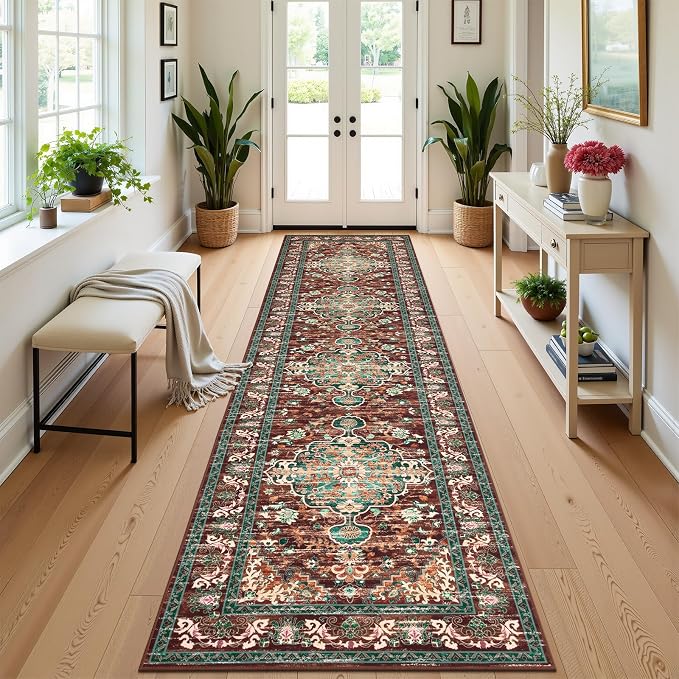 U'Artlines 3' x 12' Boho Hallway Runner Rug, Washable Carpet, Rust＆Teal | Non Slip, Vintage Farmhouse Accent Area Rug Carpet, for Bedroom, Dining Room, Laundry and Living Room
