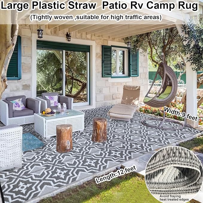 Alfolo Outdoor Rug 9x12 for Patios Clearance,Outdoor Plastic Straw Rug,Waterproof Camping Rugs for Outside Your Rv, Deck, Porch,Beach,Picnic,Pool Grey Recyclable,Easy Cleaning Outside Mats with a Bag