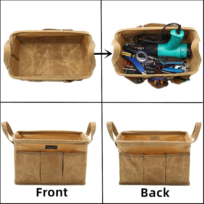 Tool Pouch, Heavy Duty 16oz Waxed Canvas Tool Bag, Rectangle Foldable Open Top Tool Bags with Handles, 7 Pockets | 13.8 x 7.8 x 7.8 Inches