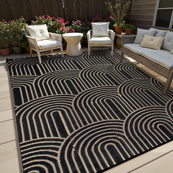 Lahome 6x9 Outdoor Rugs for Patios, Waterproof Black Outdoor Rug for Camping,Portable Plastic Straw Mats for Outside Your Rv Beach Backyard Garden Under Awning(Black,6'x9')