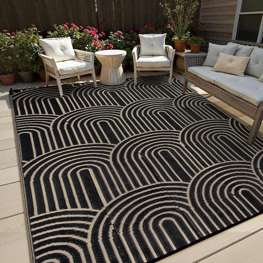 Lahome Black Outdoor Rugs 8x10 Waterproof,Boho Outdoor Porch Rug for Camping, Plastic Straw Stain Resistant Mats for Outside Rv Beach Backyard Garden Under Awning(Black,8'x10')