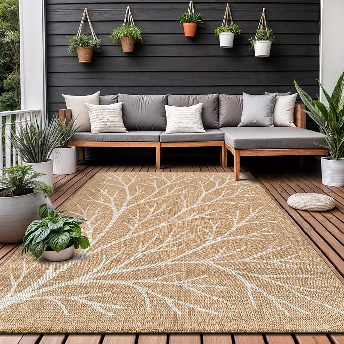 Washable Indoor Outdoor Rug 9x12 Modern Area Rugs Branch Pattern Non Shedding Waterproof Easy Clean Patio Deck Porch Living Room Bedroom Garden RV (9 X 12 Natural)