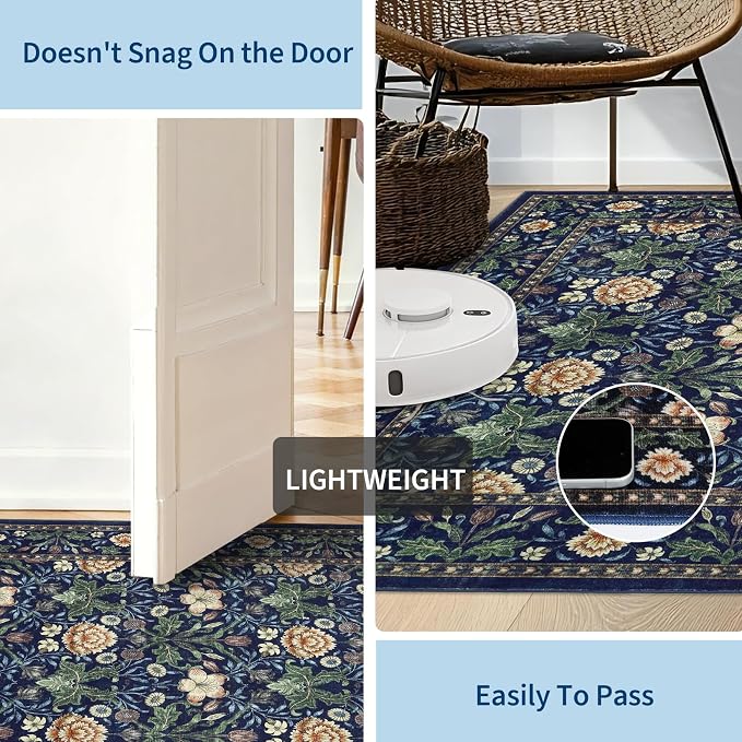 GarveeHome Washable Area Rug 6x9, Soft Vintage Floral Bedroom Rug Non Slip Low Pile Forest Green Carpet Stain Resistant Retro Navy Throw Rug for Bedside Kids Room Office Dining Room