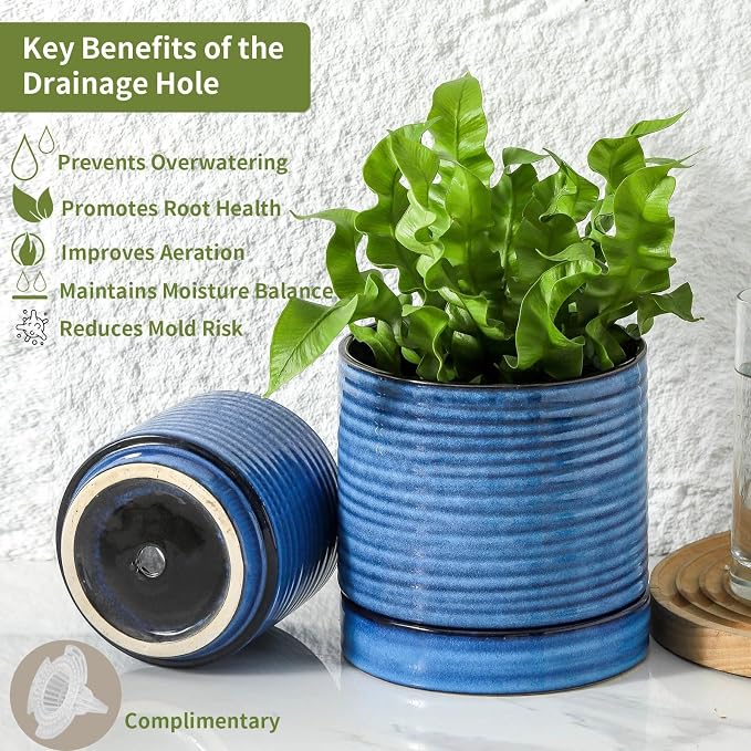 HASENSE Ceramic Plant Pots Indoor Outdoor, 6 Inch Round Pot for Plants with Drainage Hole and Saucer, Reactive Glaze Blue Planter for Herb Snake, Ideal for Mom Gift