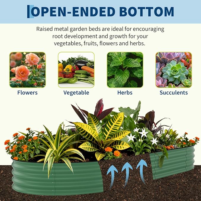 Garvee 2 Pack 10x4x1.5ft Galvanized Raised Garden Bed Kit, Oval Metal Planter Boxes with Anti-Cut Safety Edges, Rust-Resistant Deep Root Planters for Outdoor Vegetables, Flowers, Herbs, Green