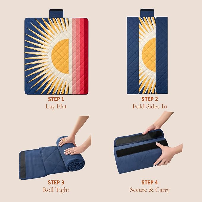 Weatherproof Vintage Waterproof Outdoor Blanket- Blue and Yellow Roll Up Throw Blanket with Handle, Velcro Closure - Camping Supplies, Travel Blanket for Beach, Picnic & Events, 60"x72" (Big Sun)