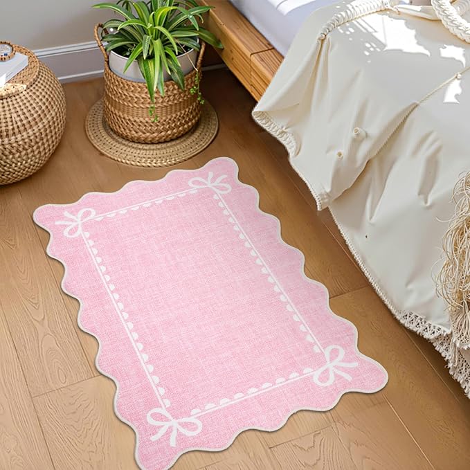 GarveeHome Scalloped Entryway Rug 2x3 Washable Front Door Bow Rug, Pink | Non Slip Soft Low Pile Ultra-Thin Stain Resistant Indoor Carpet for Girls Dorm Nursery Bedroom Decor Hallway Kitchen Floor