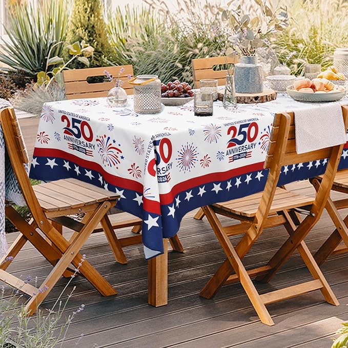 Outdoor Tablecloth with Umbrella Hole 4th of July Decorations Patriotic Decor Waterproof Polyester Rectangle for Picnic, BBQ, Party 60 x 120 in