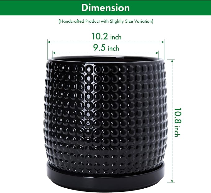 D'vine Dev 10 Inch Ceramic Beaded Stoneware Planter Pot - Flower Pot with Drainage Holes and Saucers for Indoor Succulent Plants or Flowers, Glossy Black, 27-C-P-2