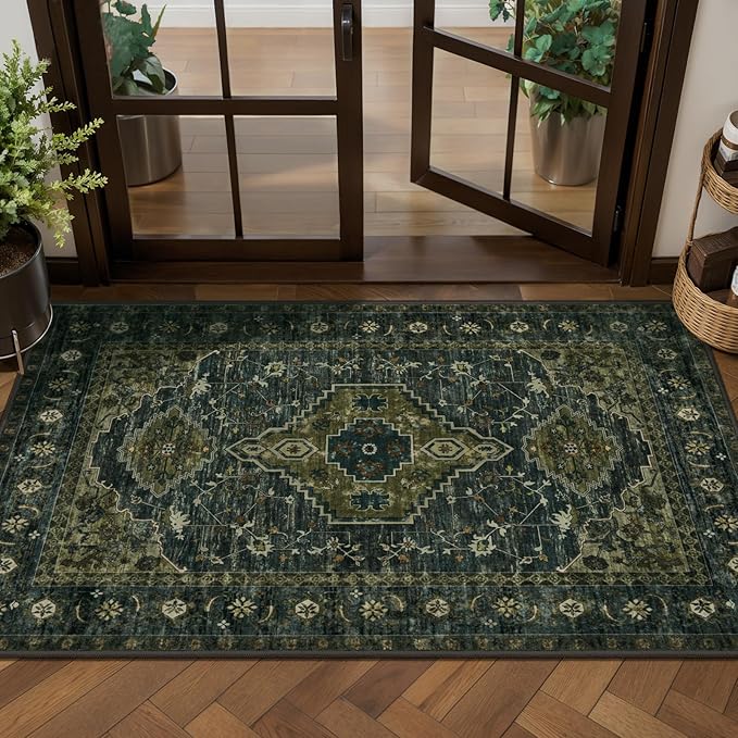 Tangsoo Oriental 2x4 Runner Washable Rugs for Entryway, Non Slip Small Rug | Vintage Indoor Front Door Rug, Boho Olive Green Small Carpet, Soft Low Pile Rug for Entrance Entry Kitchen Bathroom Bedside
