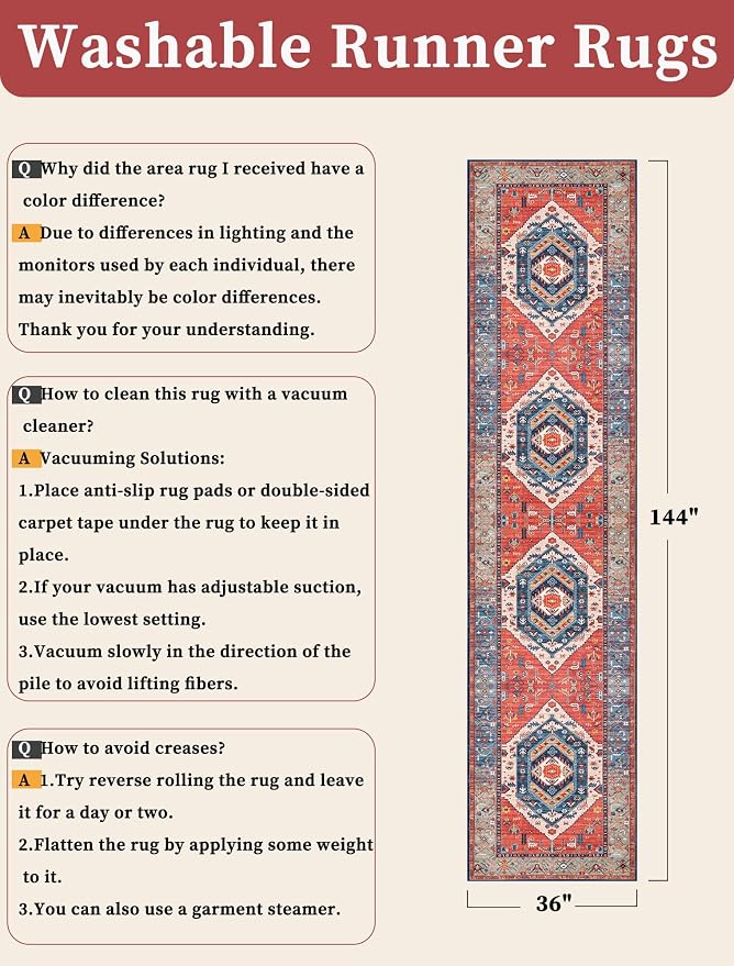 SERISSA 3x12 Washable Non Slip Boho Runner Rug for Hallway，Rust | Ultra Soft Vintage Oriental Carpet Low-Pile Extra Long Tribal Floor Carpet for Stair Kitchen Bedroom Bathroom Laundry Room
