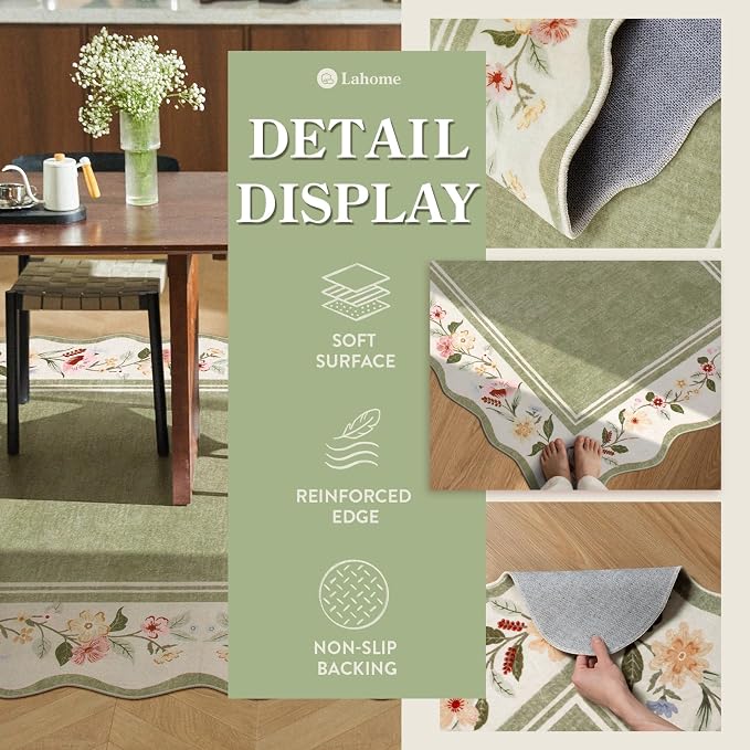 Lahome Floral 2x3 Rug, Green Kitchen Rugs Ultra-Thin Washable Scalloped Bathroom Rug Indoor Mats for Entryway Non-Slip, Boho Stain Resistant Small Throw Rugs for Bedroom Ariele（Green）