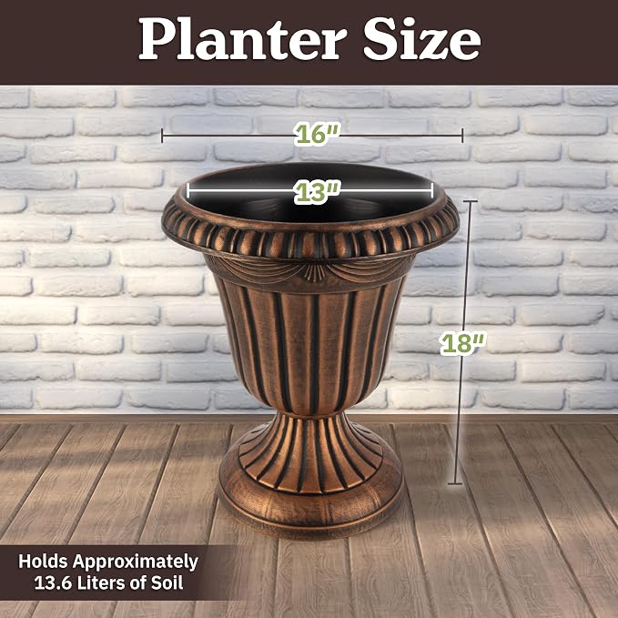 Outdoor Planter 2-Pack - 16x18-Inch Urn Planters for Front Porch Decor, Indoors, Patio or Entryway - Plastic Plant Pots - Large Decorative Flower Pots by Pure Garden (Rustic Bronze)