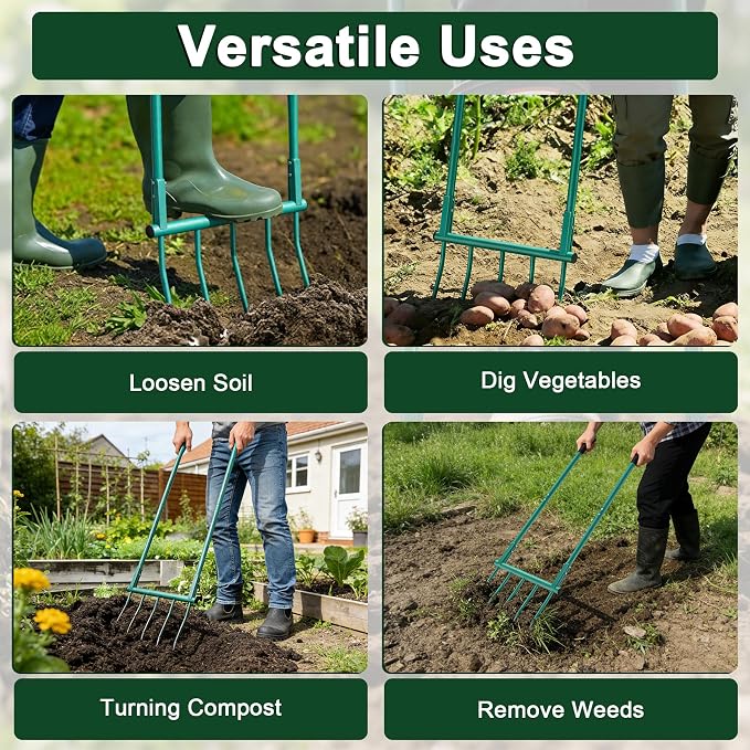 Broad Fork Garden Tool - 5 Tines Heavy Duty Broadfork for Digging, Cultivating & Loosening Soil, Ergonomic U-Shaped Design Hand Tiller for Gardening & Farming