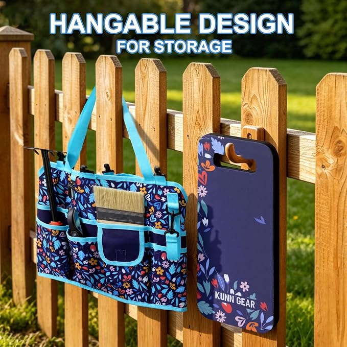 KUNN 5 Gallon Garden Bucket Tool Organizer & Kneeling Pad Set, 18-Pocket Heavy Duty Garden Caddy with Hangable Handle, Polyester Tool Bag with Grip Handle & Gardening Kneeling Pad for Women, Navy