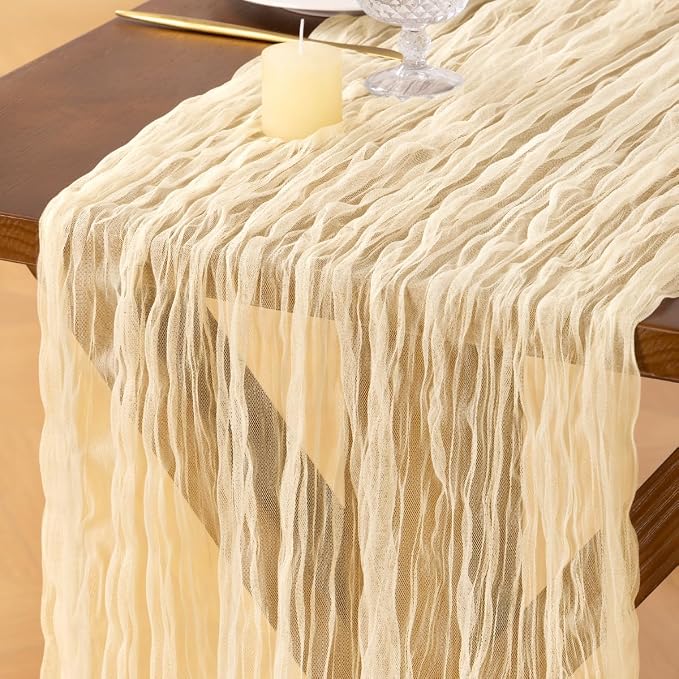 Socomi Beige Cheesecloth Table Runner Tulle Gauze Cheese clothBoho Rustic 120 inch 10FT Runner for Wedding Party Baby Shower Birthday Holiday Decorations 3pcs