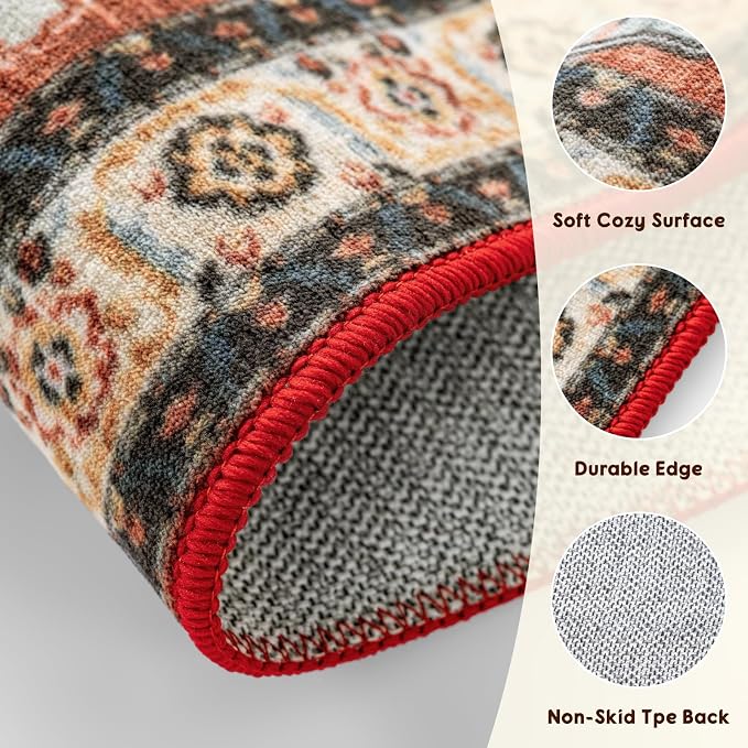 LBRO2M Machine Washable Rug Soft Pet Friendly Carpet 6X9 Red Teal | Area Rug 6X9 for Living Room, Bedroom, Dining Room, Home Office, Non Slip Carpet, Foldable Stain Resistant Rugs