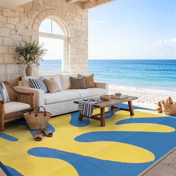 Lahome Sea Coral 9x12 Picnic Beach Rug, Reversible Outdoor Pool Rv Camping Rug, Waterproof Plastic Straw Blue and Yellow Mats for Outside Camping Patio Deck, Blue 9'x12'