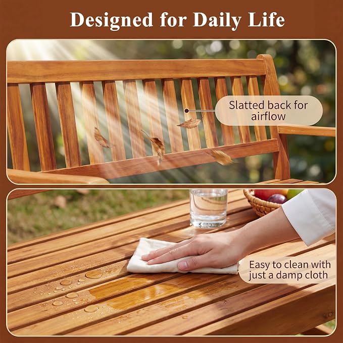 Flamaker Outdoor Bench with Pull-Up Table, Acacia Wood 2-Person Loveseats | Solid Wood Weather-Resistant Patio Seating with Convertible Center Table for Garden, Backyard, Porch, Poolside, Log Brown