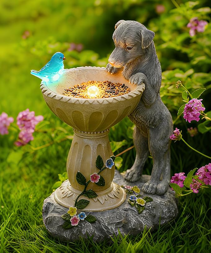 Nacome Solar Dog Garden Statues: Weatherproof Resin Decor | Outdoor Yard Lawn Patio Balcony Decorations, Gifts for Mom Grandma Women Bird Lovers, Automatic Warm LED Light