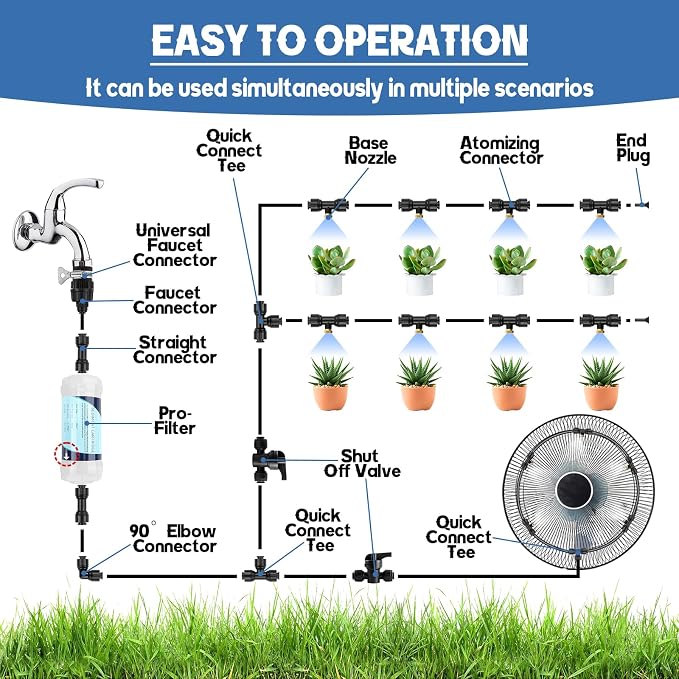 Kalolary Misting Cooling System, 100ft Misters for Outside Patio with Water Filter, 100FT(30M) Misting Line, 30 Brass Mist Nozzles & 2 PE Adapters 3/4" Outdoor Mister for Backyard Garden Greenhouse