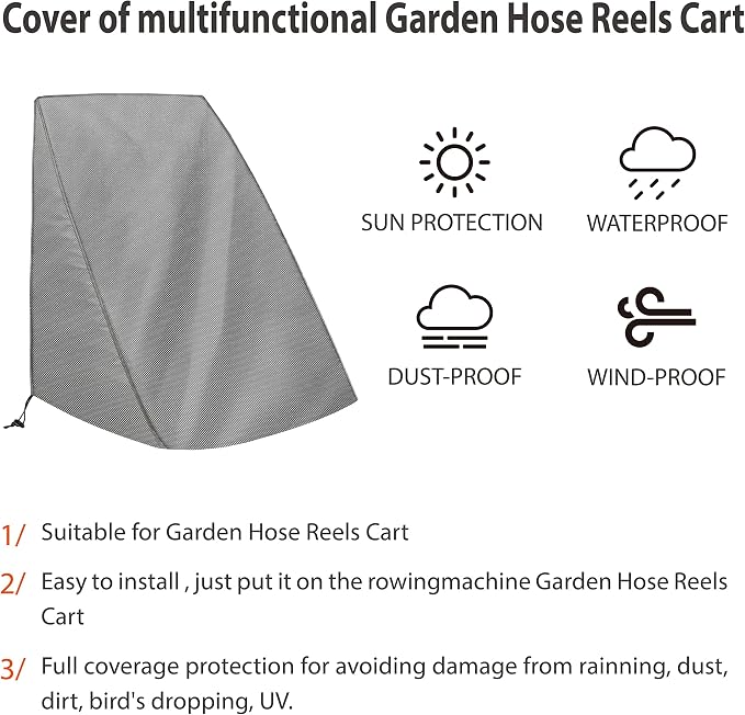 Hose Reel Cart Cover 25.9x24.8x34.6 inch Buckle Fit Cover | 420D Oxford fabric, UV and tear resistant, windproof drawstring, rear hose access, wheeled fit, outdoor use