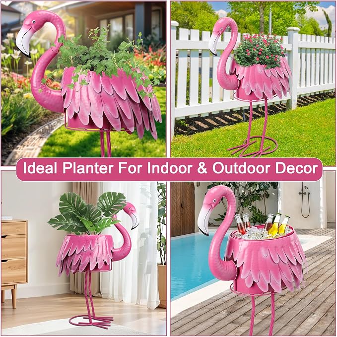 Metal Standing Flamingo Planters with Drain Hole Flamingo Flower Holder Large Planter Pots for Indoor Outdoor Lawn Garden Yard Decor